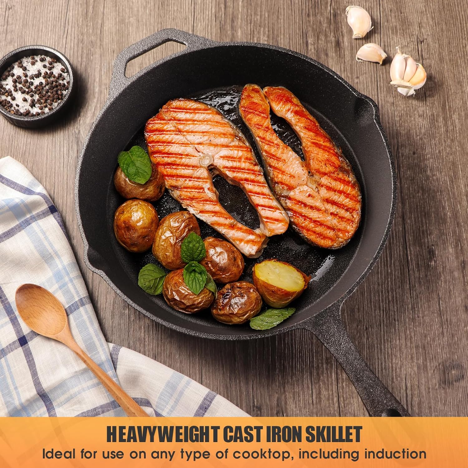 Cast Iron Skillet (12inch)，Pre-Seasoned Cast Iron Frying Pan，Cast Iron Fry Pan Skillet Cooking Pan，Ideal for Use on any Type of Cooktop，Oven Safe