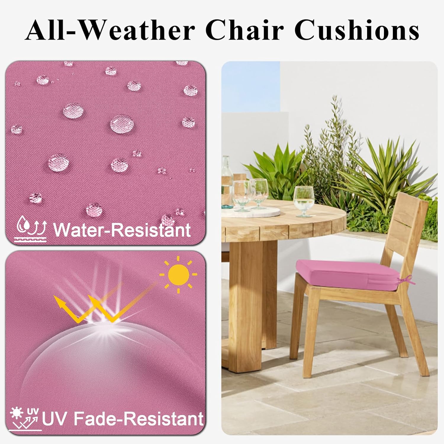 Topotdor Outdoor Chair Cushions for Patio Furniture,Waterproof Patio Chair Cushions Set of 4,Indoor/Outdoor Round Corner Chair Seat Cushion with Ties,18"x18"x3" Pink