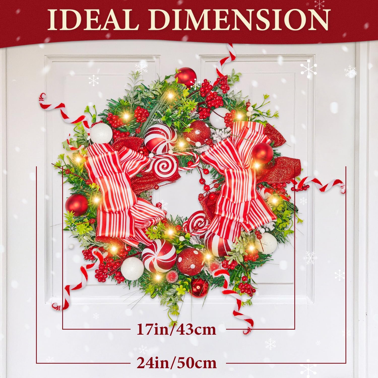 Christmas Wreath, 17-24 Inch Christmas Wreaths for Front Door with Lights Balls Red Bows Candy Canes Berries Pine Needles Greenery Wreath Xmas Decoration Ornaments Rustic Wall Porch Home Party Decor