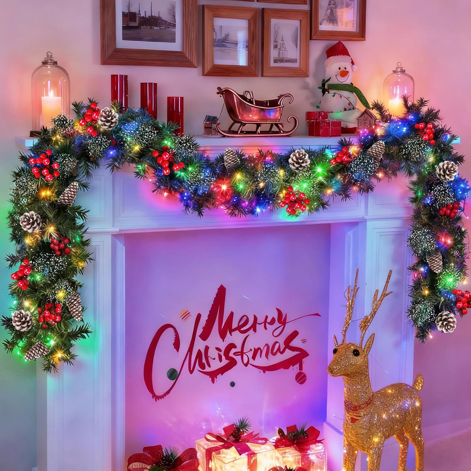 TURNMEON 9 Ft Prelit Artificial Christmas Garland Decor Timer 50 Lights 8 Modes Berry Snowy Bristle Pinecone Battery Operated Xmas Christmas Decoration Mantle Fireplace Home Indoor Outdoor