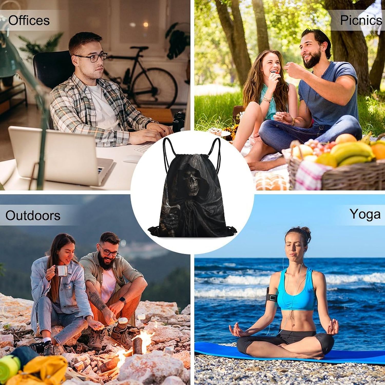 Adjustable Drawstring Backpack，Skeleton in Robe Printed Portable Drawstring Bag Large Capacity Foldable Drawstring Bag for Shopping Sport Yoga Travel, Swimming, Gym, Beach