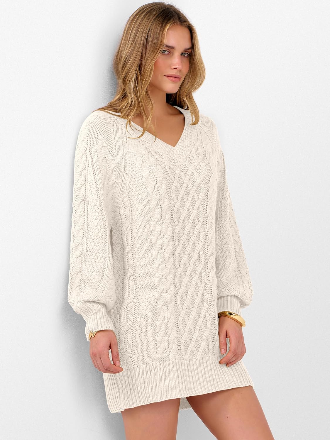 ANRABESS Womens Long Sleeve V Neck Oversized Cable Knit Mini Sweater Dresses 2025 Winter Fall Trendy Pullover Tunic Outfits - Image 6