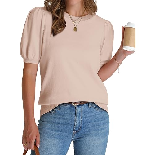 WIHOLL Women's Puff Short Sleeve Sweater 2026 Spring Summer Tops Trendy Business Causal Outfits Work Blouses Clothes