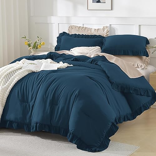 Miniatura 4 de Andency - Juego de edredón azul marino tamaño queen, 3 piezas, ropa de cama estilo bohemio, ligera, unicolor, microfibra suave y esponjosa, para