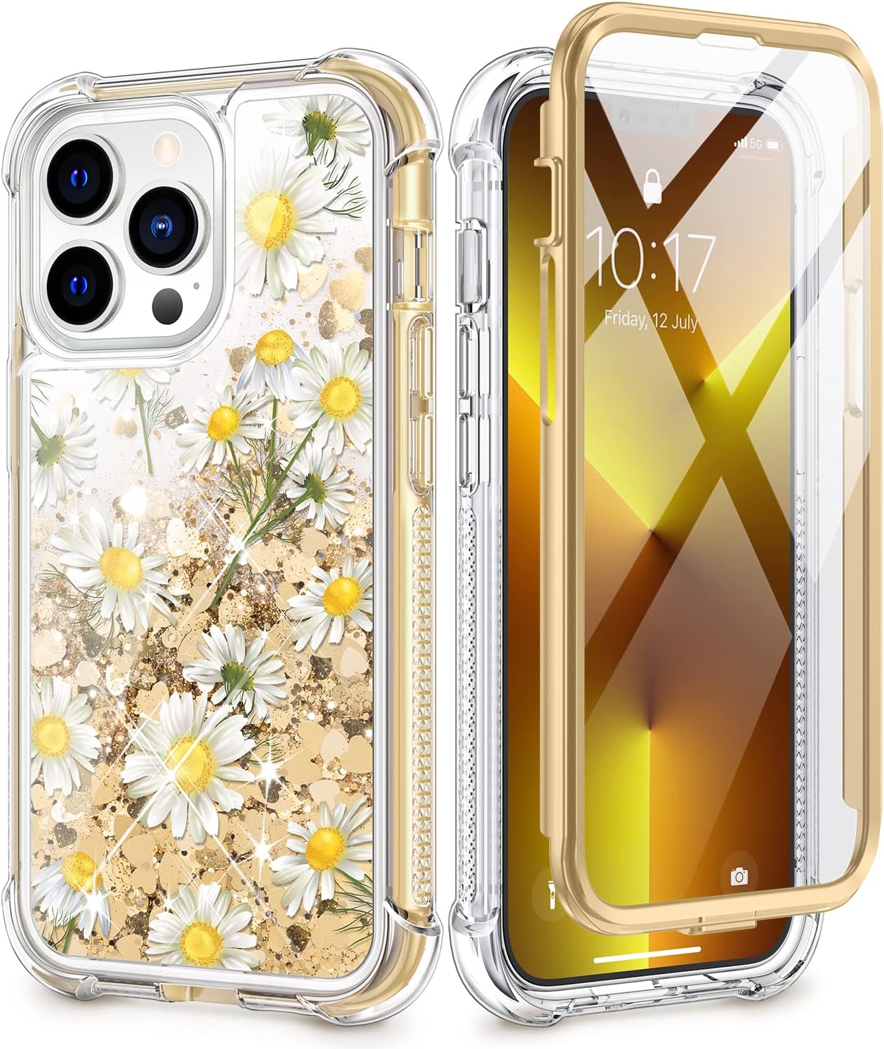 Caka Case Compatible with iPhone 13 Pro Case, iPhone 13 Pro Glitter Case with Built-in Screen Protector Flower Girly Girls Women Liquid Sparkle Quicksand Case for iPhone 13 Pro 2021 (Daisy)
