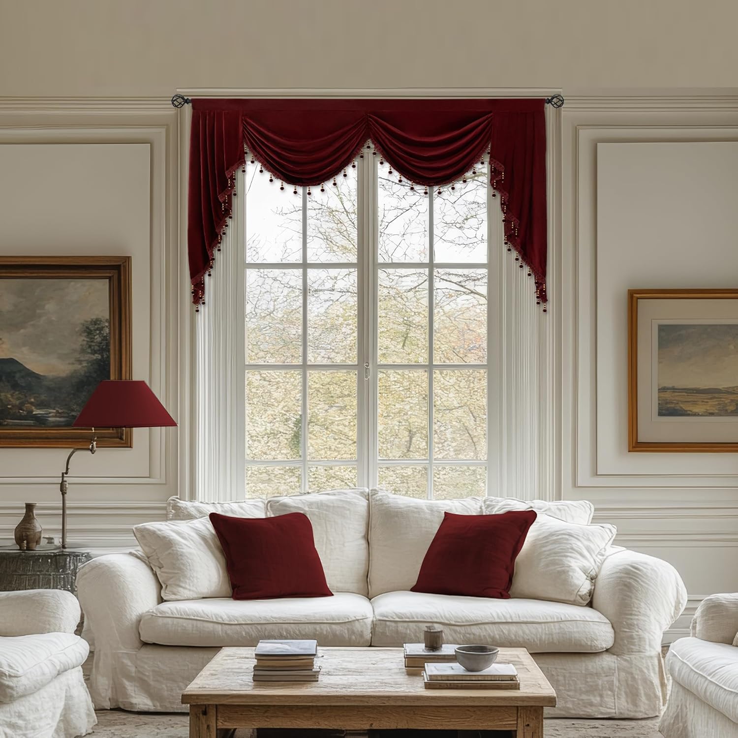 Luxury Black Velvet Curtain Valance, Soft Touch Rod Pocket Valance with Bead Tassels, Waterfall Valance for Kitchen,Dining Room 39 Inch,1 Panel