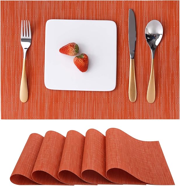 Myir JUN Table Mats Set of 6, Place Mats Table Placemats Washable Non-slip Heat Insulation Woven Vinyl for Kitchen Dinning Restaurant 18"X12" (Orange)