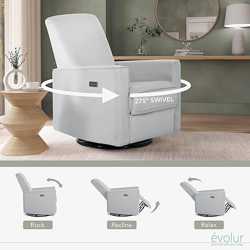Miniatura 28 de Evolur Harlow - Asiento de felpa tapizado de lujo, giratorio, reclinable eléctrico con puerto USB, certificado Greenguard Gold, color beige