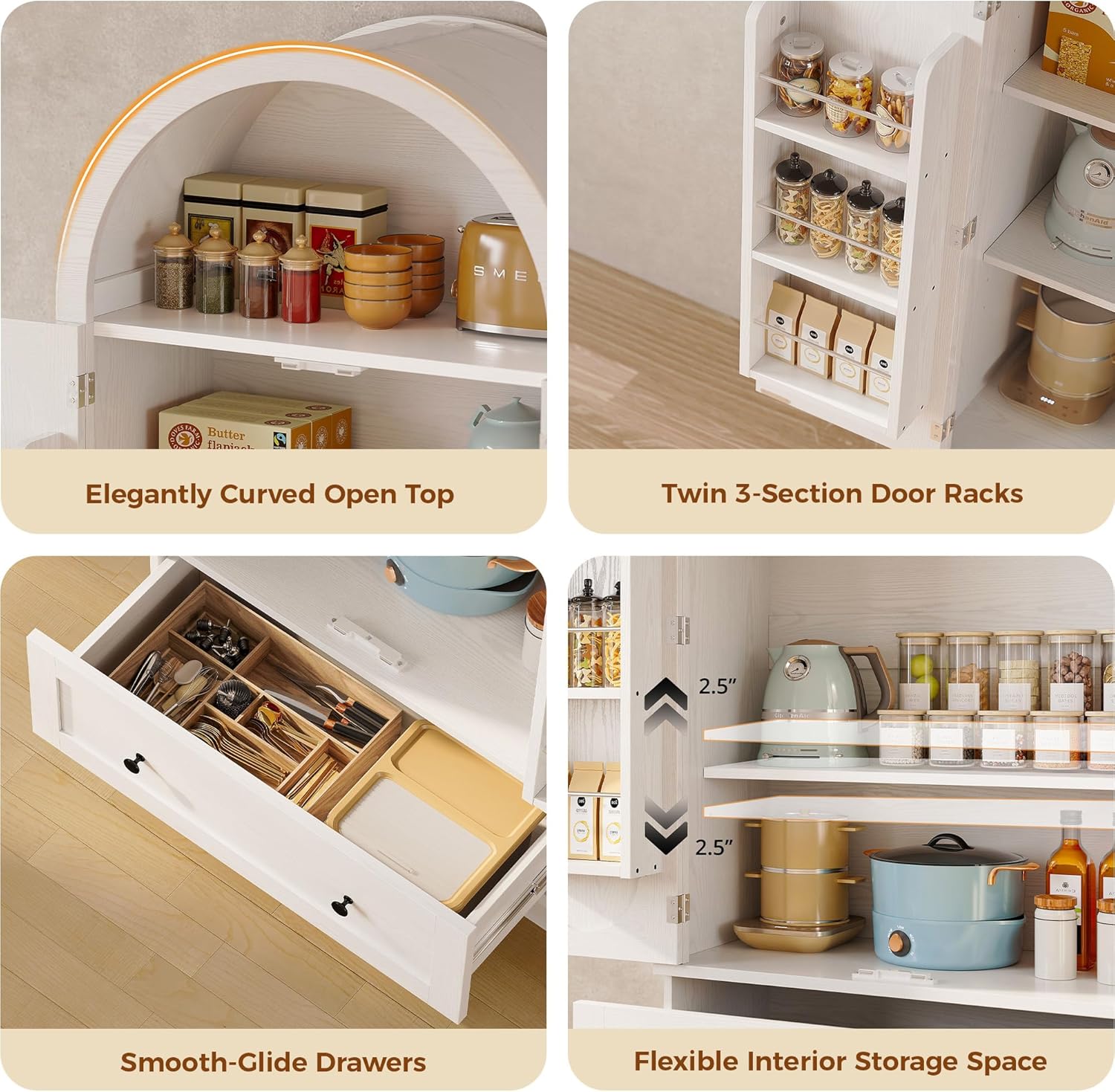 IRONCK 70.9" Tall Arched Kitchen Pantry, Kitchen Cabinet with Large Drawer, Adjustable Shelves, Arched Open Shelving, 2 Doors with Storage Shelves, Modern Versatile Cupboard for Kitchen, Dining Room