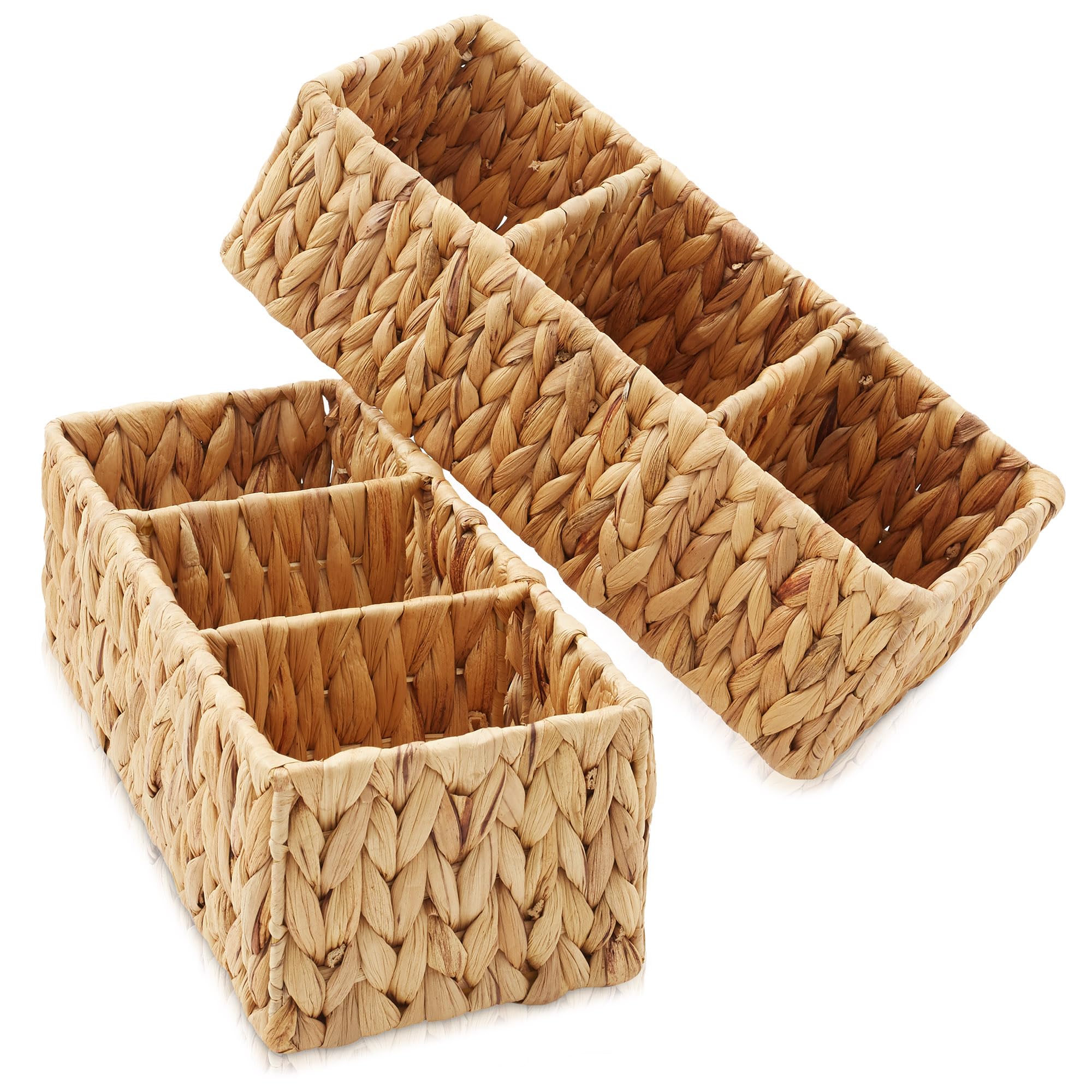 Casafield Set of 2 Water Hyacinth Basket Organizers with 3 Sections, Natural - Woven Storage Bins for Bathroom, Laundry, Pantry, Office, Shelves