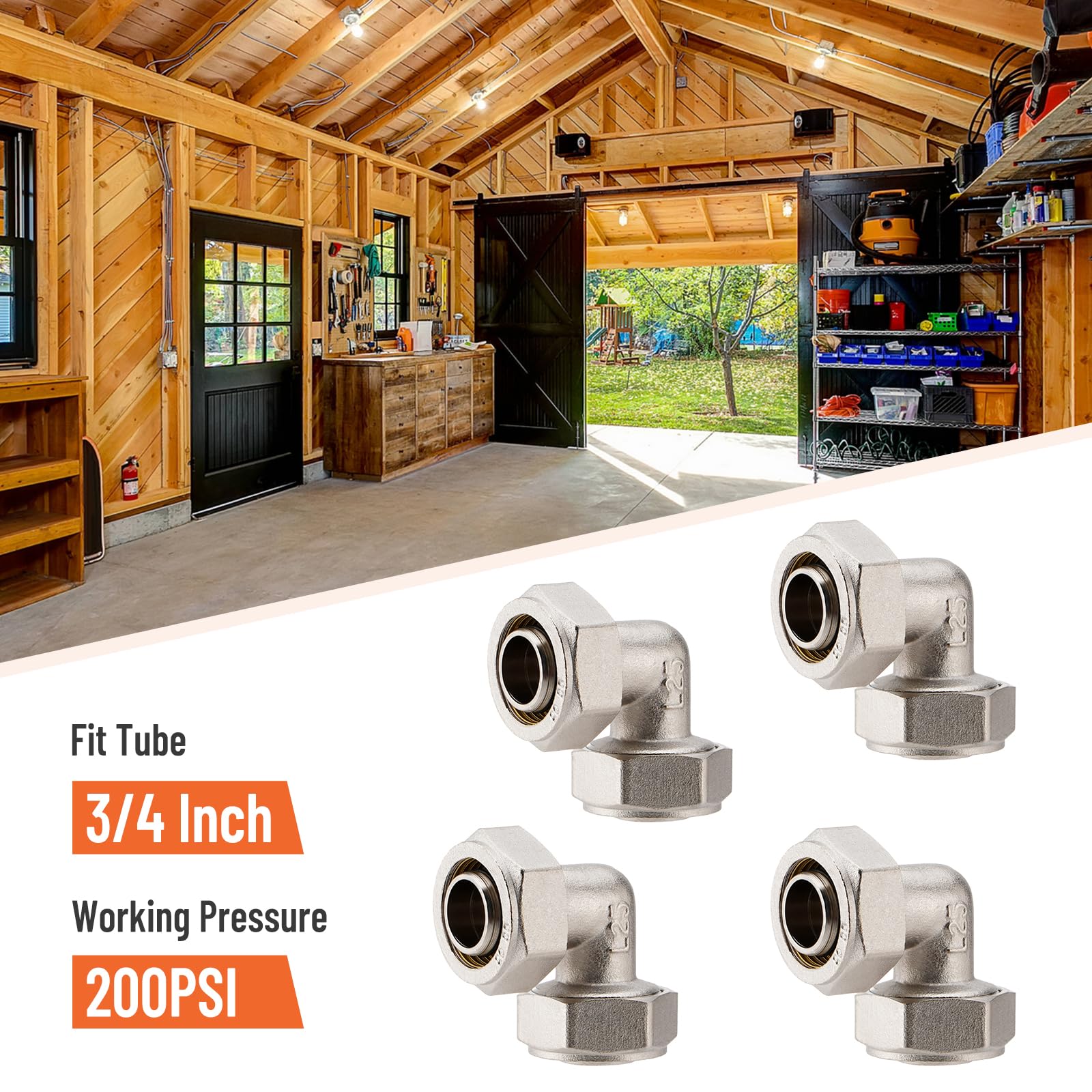 Kit de sistema de aire rápido de 3/4 pulgadas, codo de 200 PSI, latón niquelado con doble junta tórica para taller, garaje, kit de sistema de aire comprimido (4 piezas)