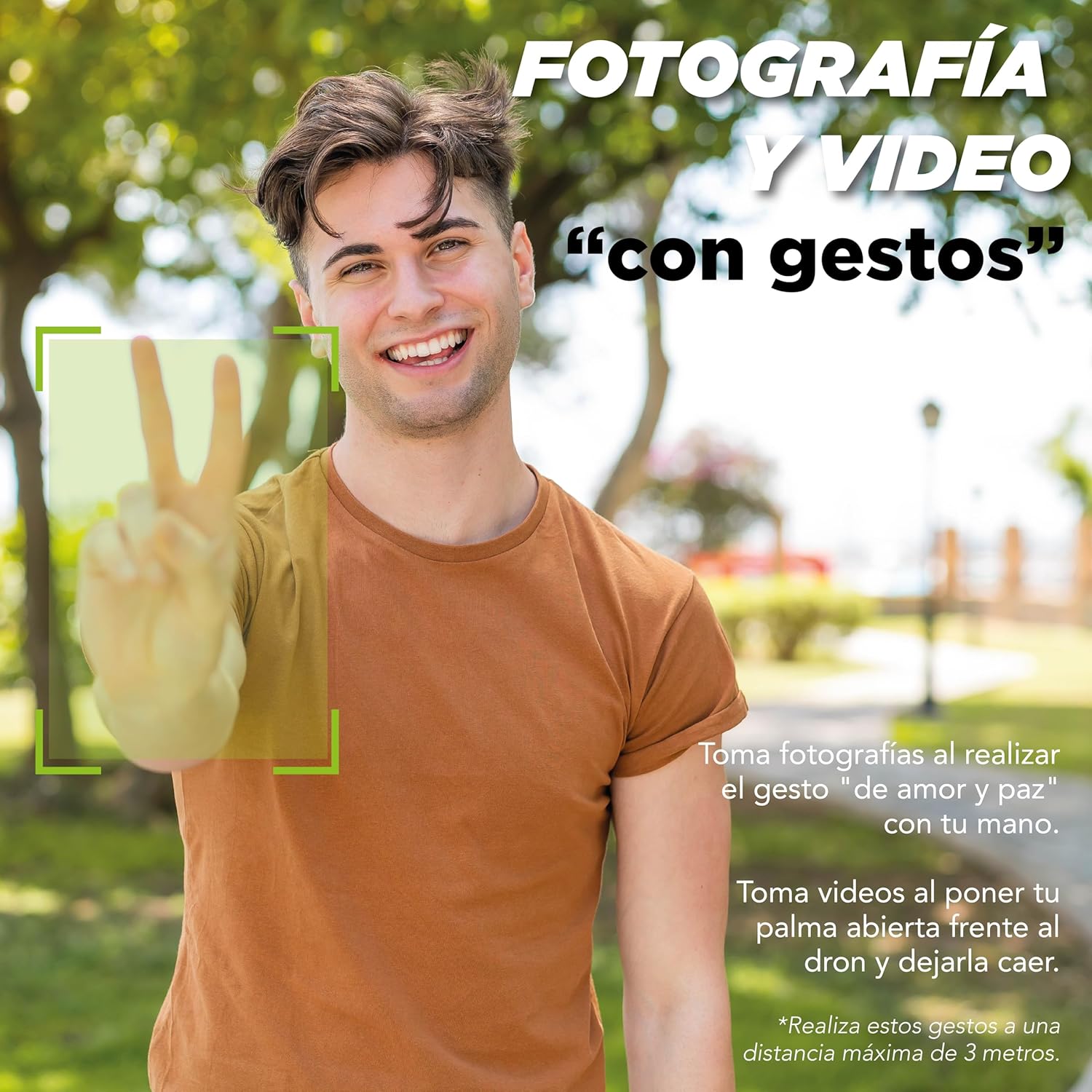 Two people performing a 'peace' gesture for drone camera