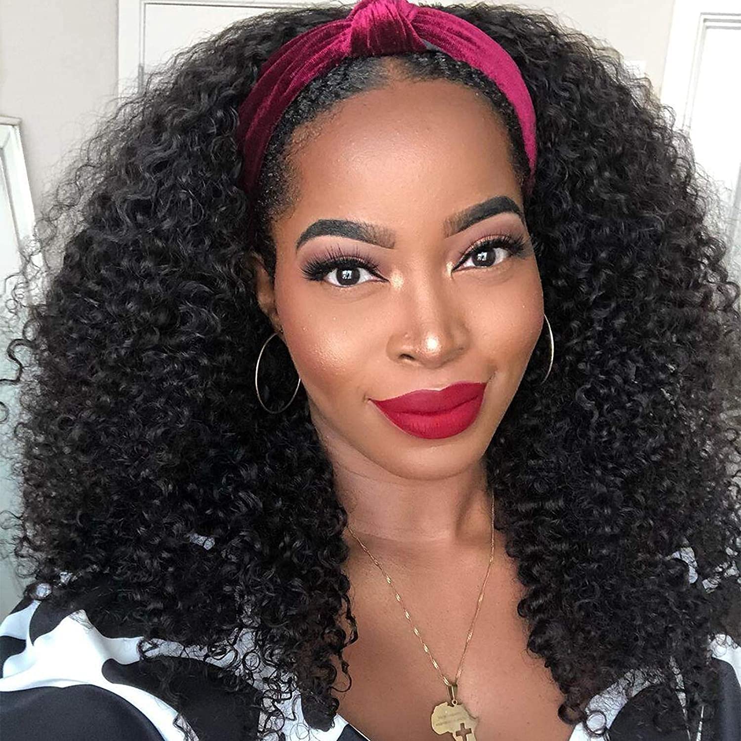 Nadula 10A Afro Kinky Curly Half Wigs Human Hair for Black Women 100% Virgin Hair Curly 3/4 Half Wig, Kinky Curly Headband Wigs Human Hair No Lace Front Glueless 180% Density 18 Inch 18 Inch Kinky Curly Half Wig