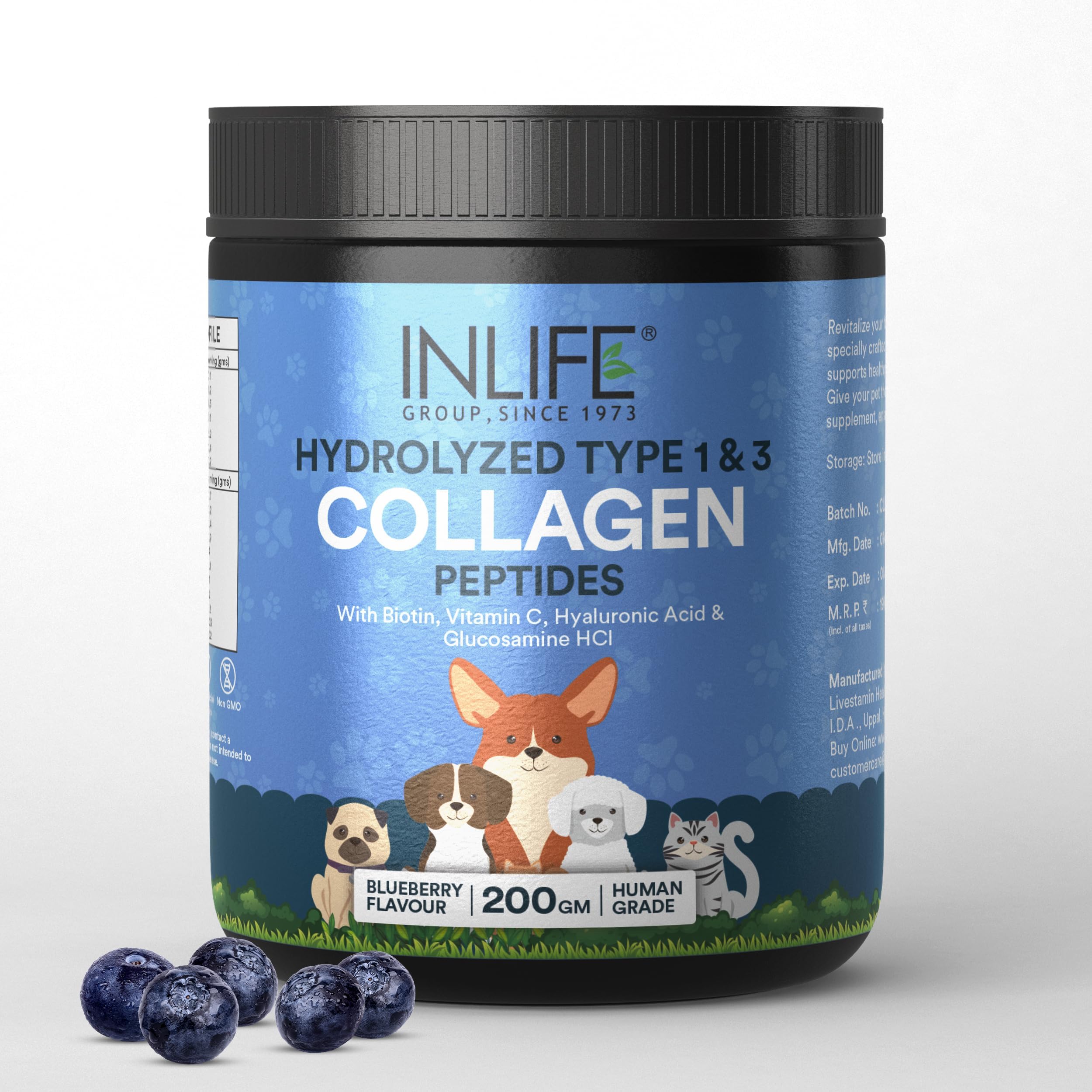 Collagen Peptides Supplement Dogs Cats, Glucosamine, 200g Blueberry