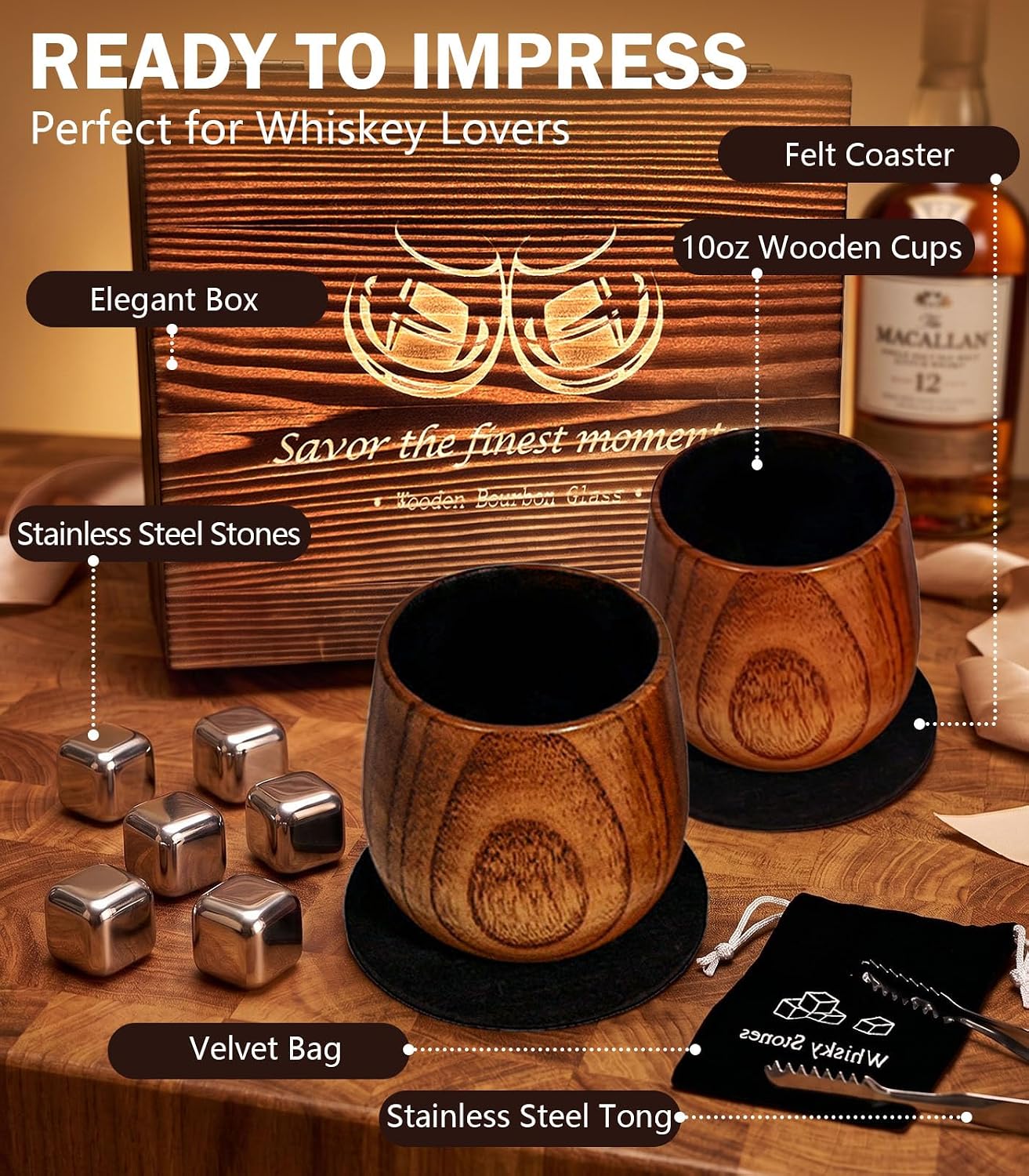 Charred Wooden Bourbon Drinking Glass Whiskey Glasses Gifts for Men 2Pcs image 3