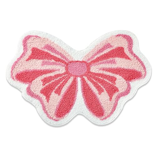 LSYESDLA Pink Bow Tufted Bathroom Rug, Soft Plush Kawaii Girly Bath Room Mat, Non-Slip & Washable, Absorbent & Quick Dry Floor Door Mat Home Decor for Shower, Tub and Sink, 23.6"x35.4" - BOW - 1'11" x 2'11" (Oval)