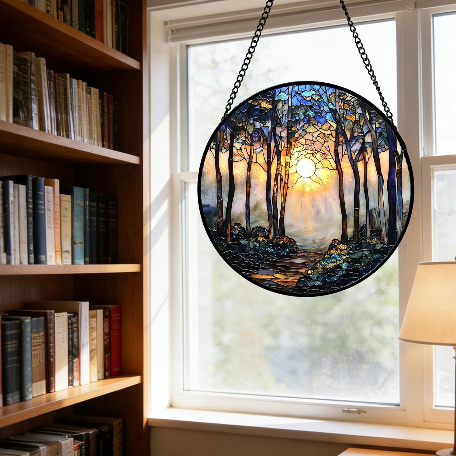 DASTOLL Stained Glass Window Hanging, Forest Sunrise Smoke Blue Brown Tree Suncatcher for Doors Window Home Landscape Sun Catchers Decor Mother's Day Birthday Gifts for Women, Men Mom 7.8 in