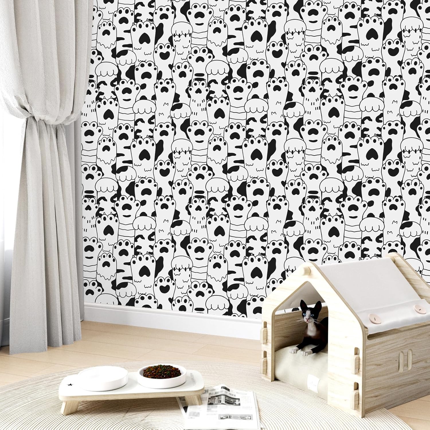 Peel and Stick Wallpaper Black and White Contact Paper Cat Paw Print Stickers Self Adhesive Removable Modern Cat Wallpaper for Nursery Kids Room Cabinet Desk Shelf Liner Vinyl Roll 17.5"x102"