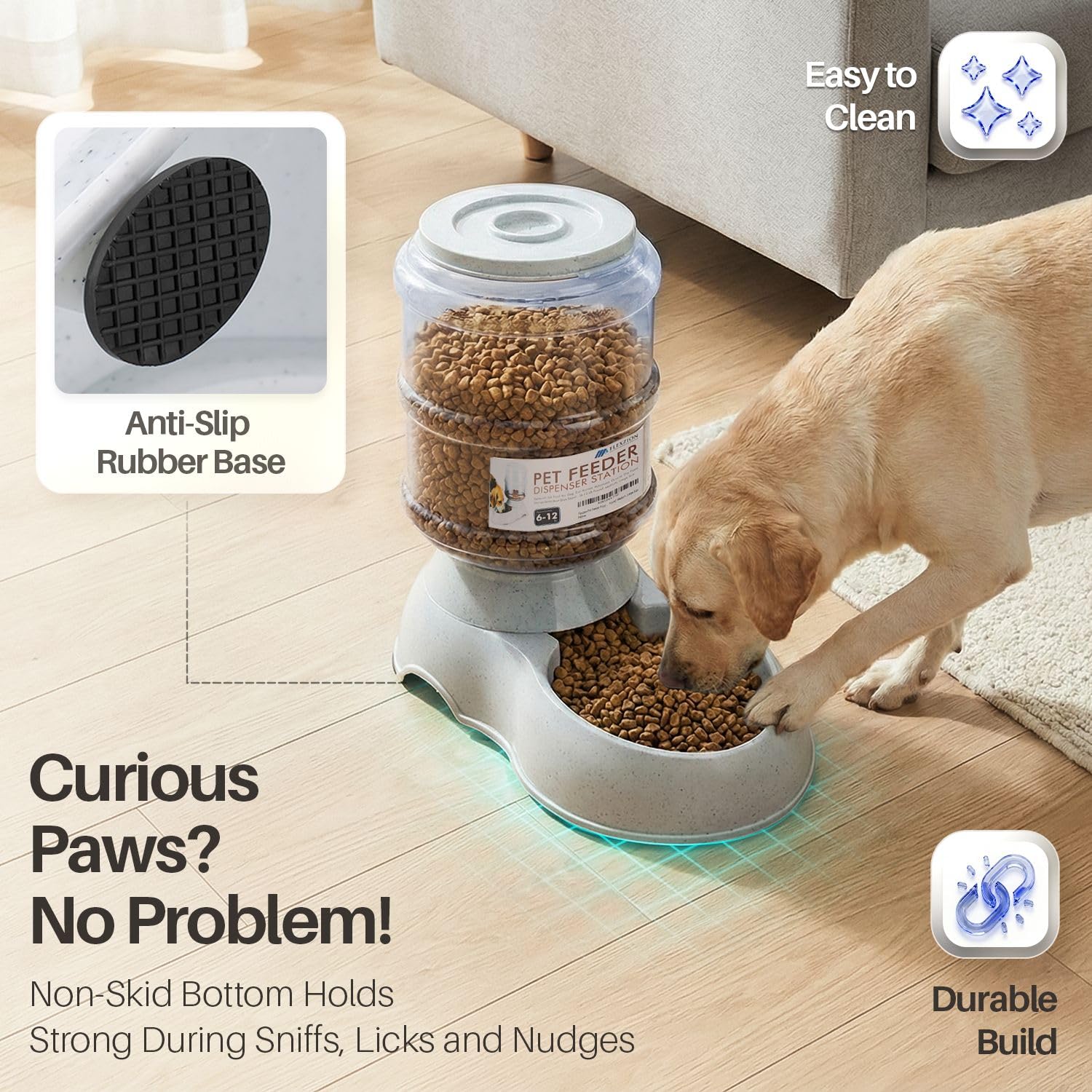 Flexzion Gravity - Dispensador de Alimentos para Mascotas (tamaño de 6 a 12 Libras) para Perros, Gatos, reposición automática, contenedor de Almacenamiento de Alimentos Secos, Cuenco para Perros y