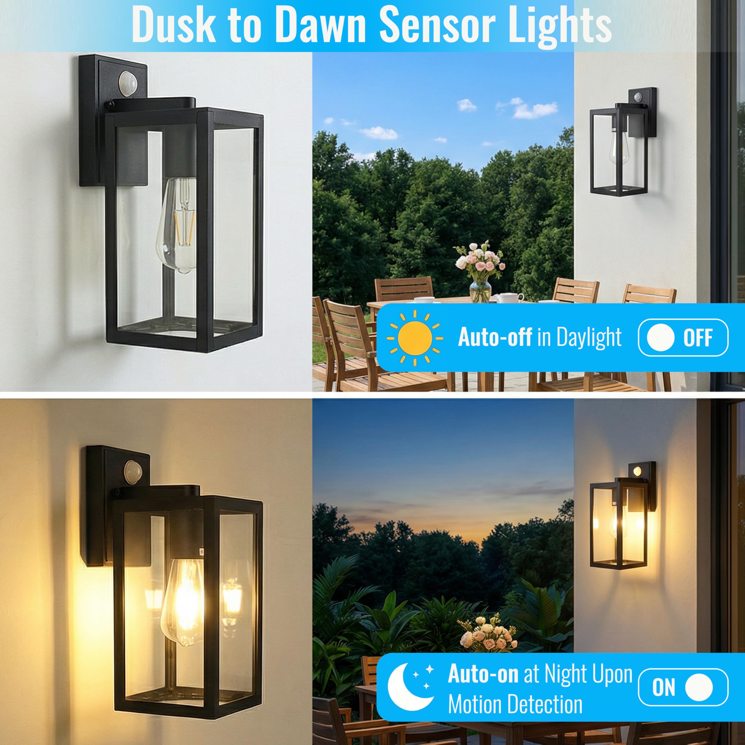 Zewnętrzna lampa ścienna z czujnikiem ruchu, lampa ścienna PIR zewnętrzna E27 czarna, 2 sztuki | Wysokiej jakości aluminiowy czujnik zmierzchu; do drzwi wejściowych, garażu lub tarasu. Światło bezpieczeństwa