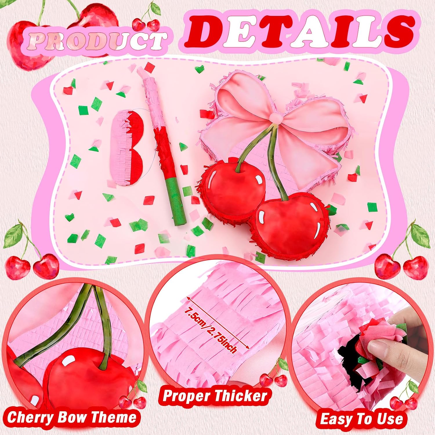 Feifeiya Coquette Pink Bow Cherry Piñata Pink Girls Party Piñata Bundle with a Blindfold, Bat and Confetti Birthday Coquette Party Supplies