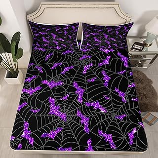Purple Glitter Bat Fitted Sheet Full Size Spider Web Bedding Set 3Pcs Happy Halloween Theme Bed Sheet for Kids Boys Girls Teens Room Decor Fashion Gothic Black Deep Packet Sheet,2 Pillowcases