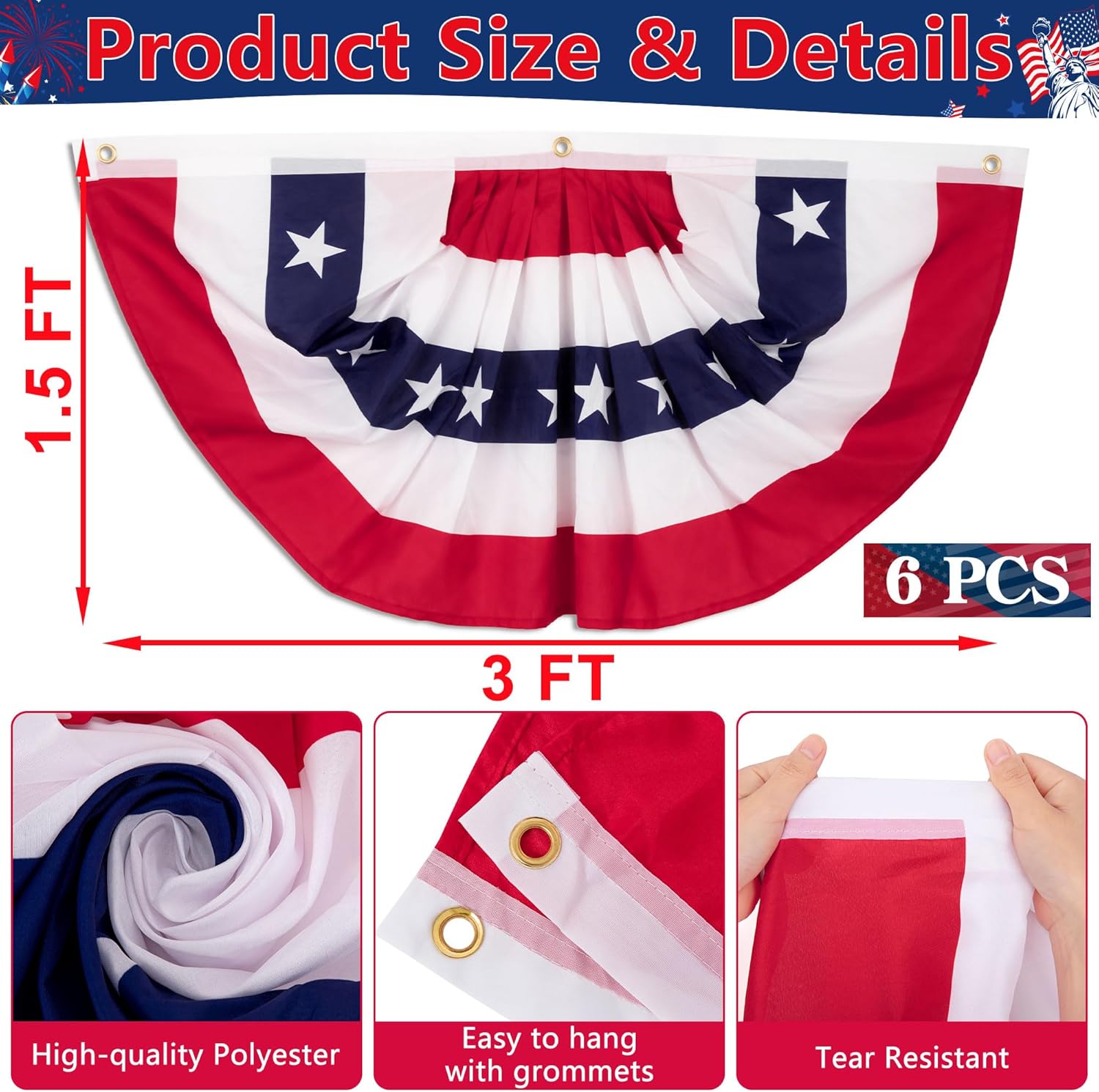 6 PCS 4th of July Decorations Outdoor, 1.5 x 3 FT American Flag Banner, Patriotic Bunting USA Pleated Fan Flags US Half Fan Flag Independence Day Memorial Day Outside Home 250th Anniversary