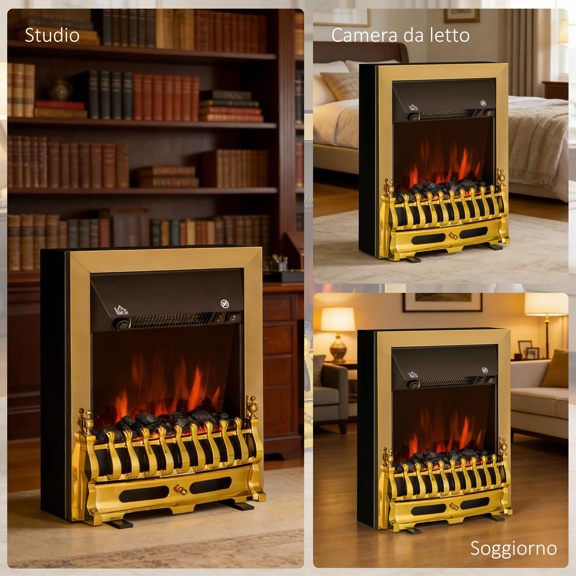 HOMCOM Camino Elettrico da Terra 1000/2000 W, Effetto Fiamma LED, Oro | Caminetto Elettrico, Protezione da Surriscaldamento e Ribaltamento, Riscaldamento Regolabile