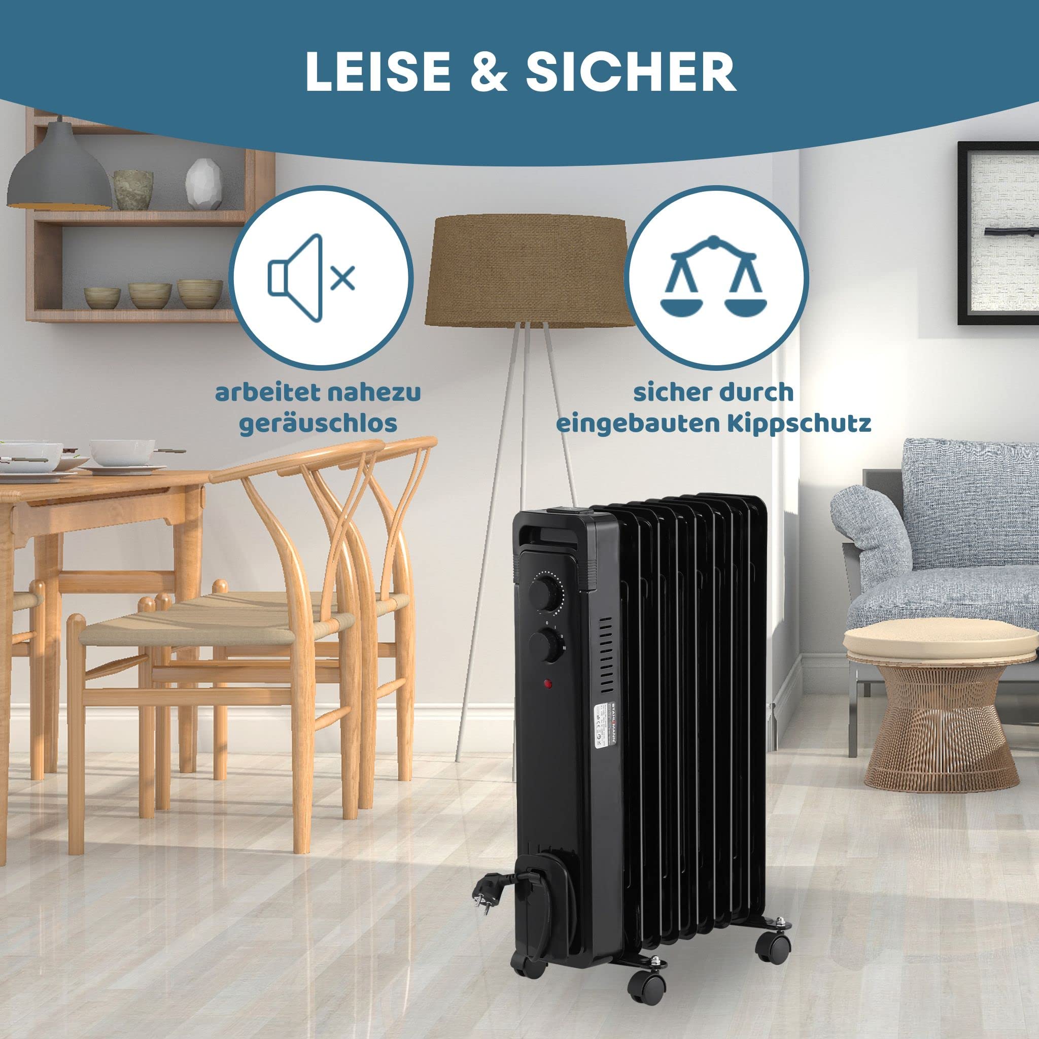 STAHLMANN Ölradiator ZR17 2000 Watt – Elektroheizung Energiesparend bis 40 qm Fläche – Heizung Elektrisch mit Thermostat und 3 Heizstufen – Elektrisches Heizgerät, Electric Heater Schwarz