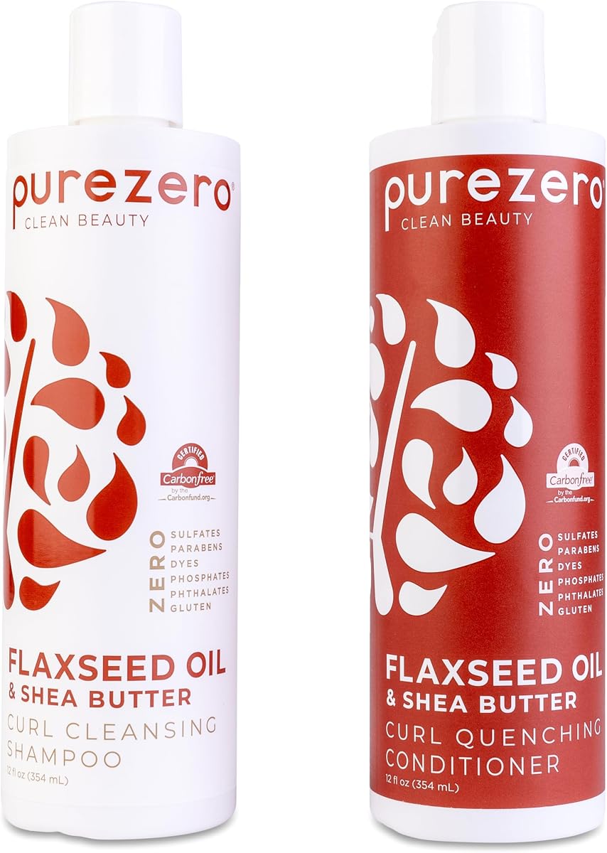 Purezero Juego de champú y acondicionador con aceite de linaza y manteca de karité - Cuidado de rizos - Para desenredar y desenredar el cabello rizado - Cero sulfatos/parabenos/tintes - 100% vegano y libre de crueldad - Ideal para cabello tratado con color
