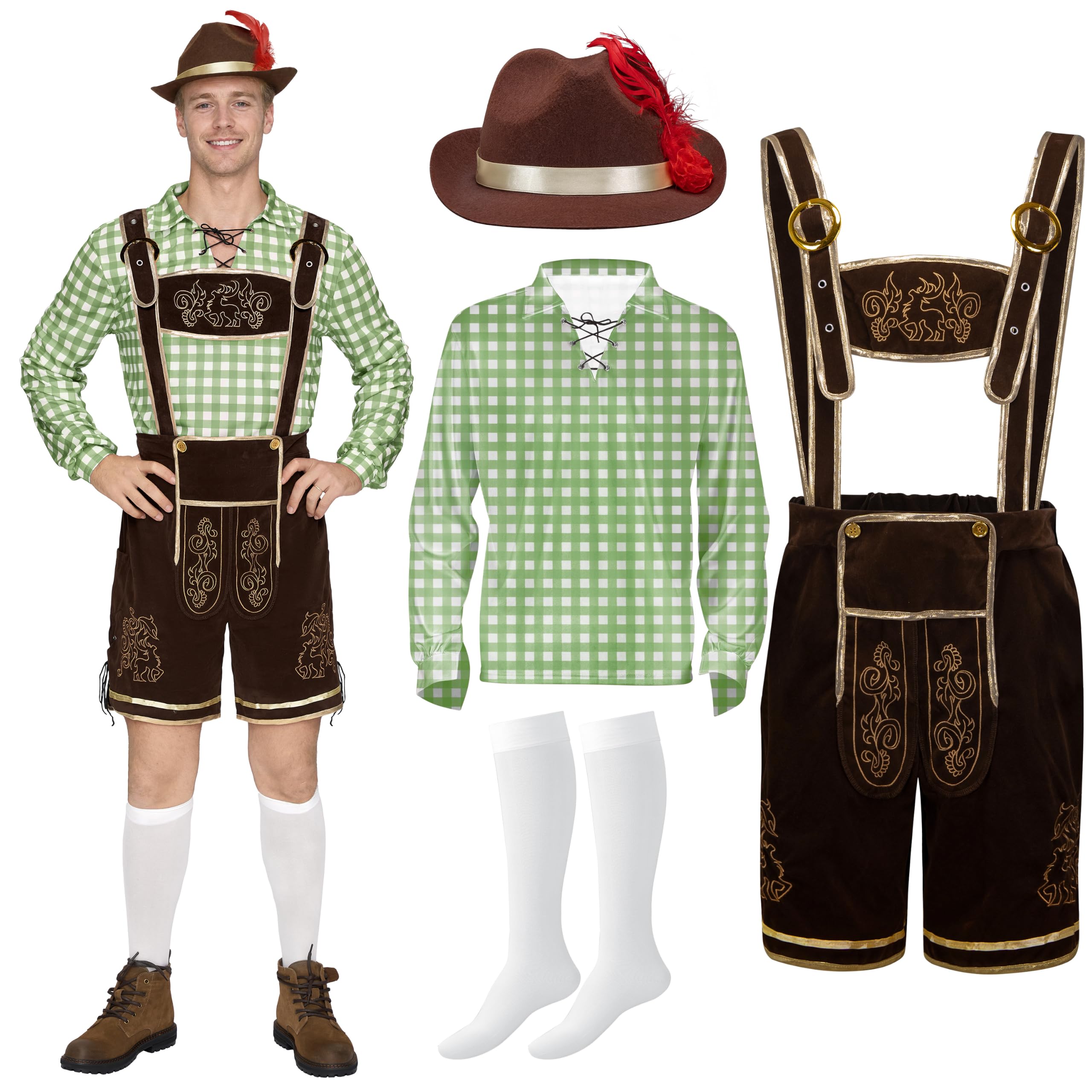 Spooktacular Creations Set di costumi da uomo dell'Oktoberfest bavarese tedesco in plaid verde per feste in maschera di Halloween e festival della birra