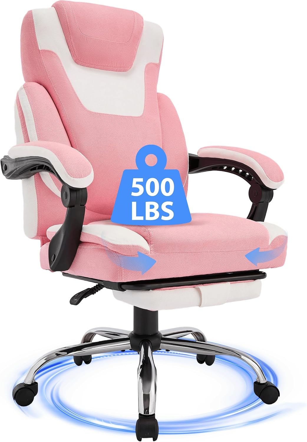 Massage Office Chair, Big and Tall Office Chair with Footrest, Ergonomic Executive Desk Chair with Extra Wide Seat, High Back&Padded Armrests, Reclining Fabric Computer Chairs, Pinkwhite
