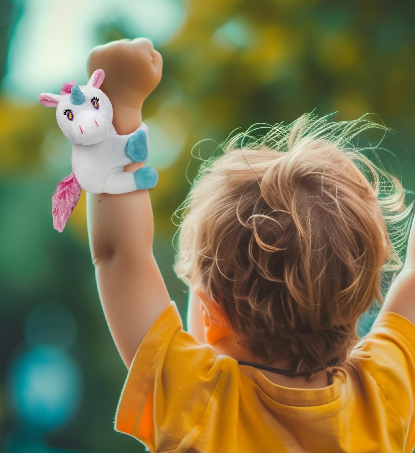DolliBu Unicorn Stuffed Animal Slap Bracelet - Fluffy Unicorn Magnetic Snap Bracelet for Kids, Wearable Plush Slap Bracelet Wrist Band Toy for Children's Accessory, Play and Party Favor - 4.5 Inches