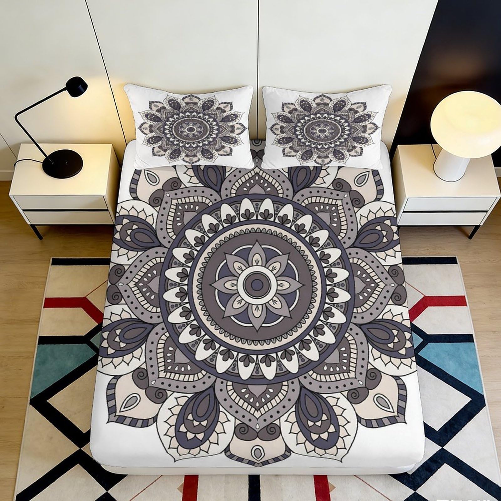3D Printed Mandala Floral Fitted Sheet Microfiber Soft Grey Boho Geometric Mattress Cover Bedroom Dorm Décor 180x200x25cm