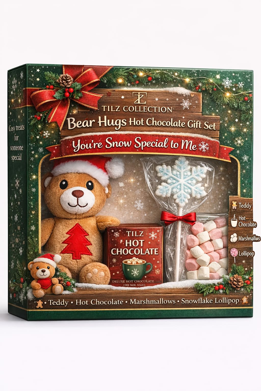Coffret Chocolat Chaud & Douceurs de Noël – Peluche Père Noël, Sucette Flocon, Mini-Guimauves & Poudre de Cacao – Le Kit Réconfortant Idéal pour la Veille de Noël – Cadeau Enfant Féerique