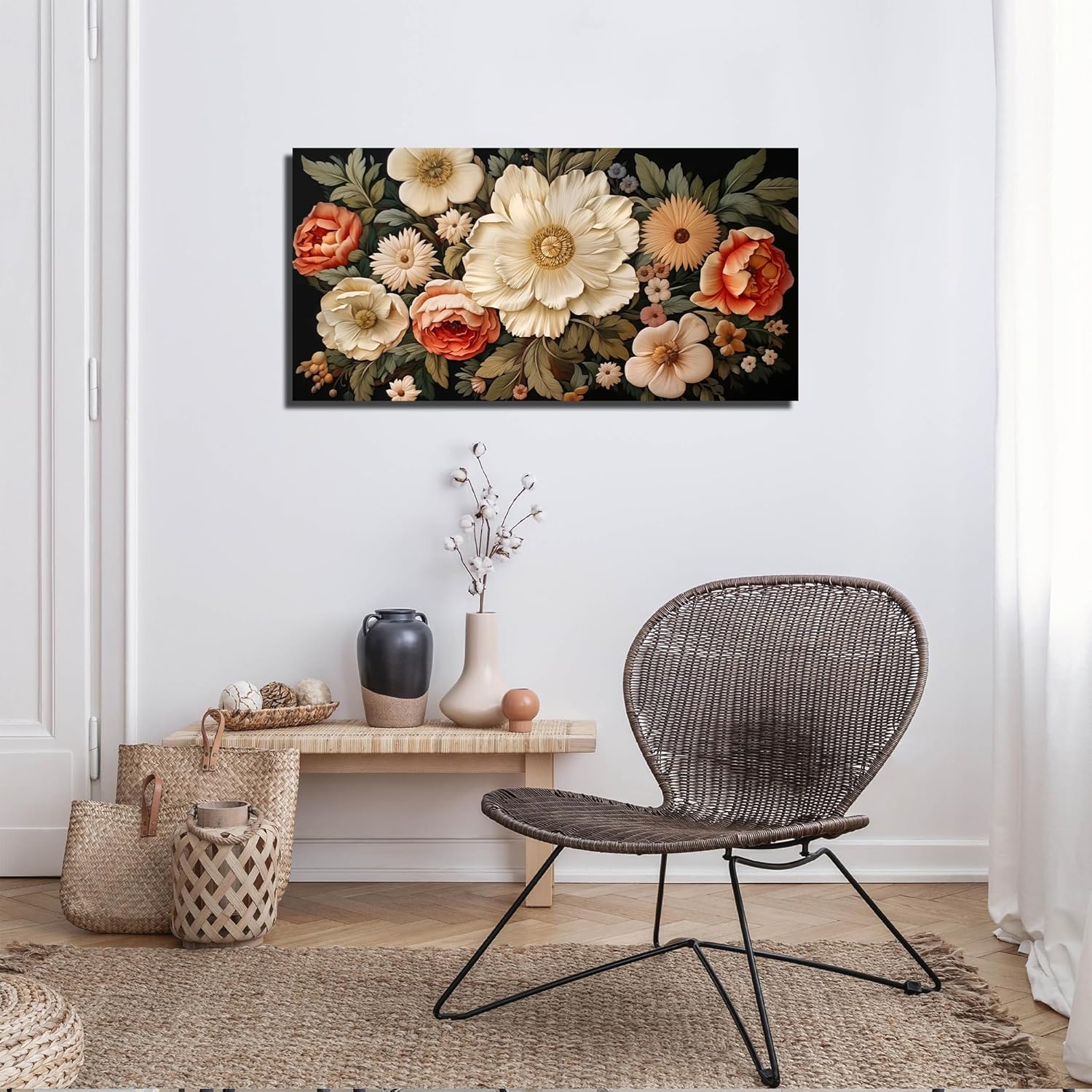 GUGIKA Flower Wall Art for Living Room, Pink and White Floral Wall-Decor for Bedroom, Vintage Canvas Prints Pictures for Hallway Office, Size 40x20 Inches