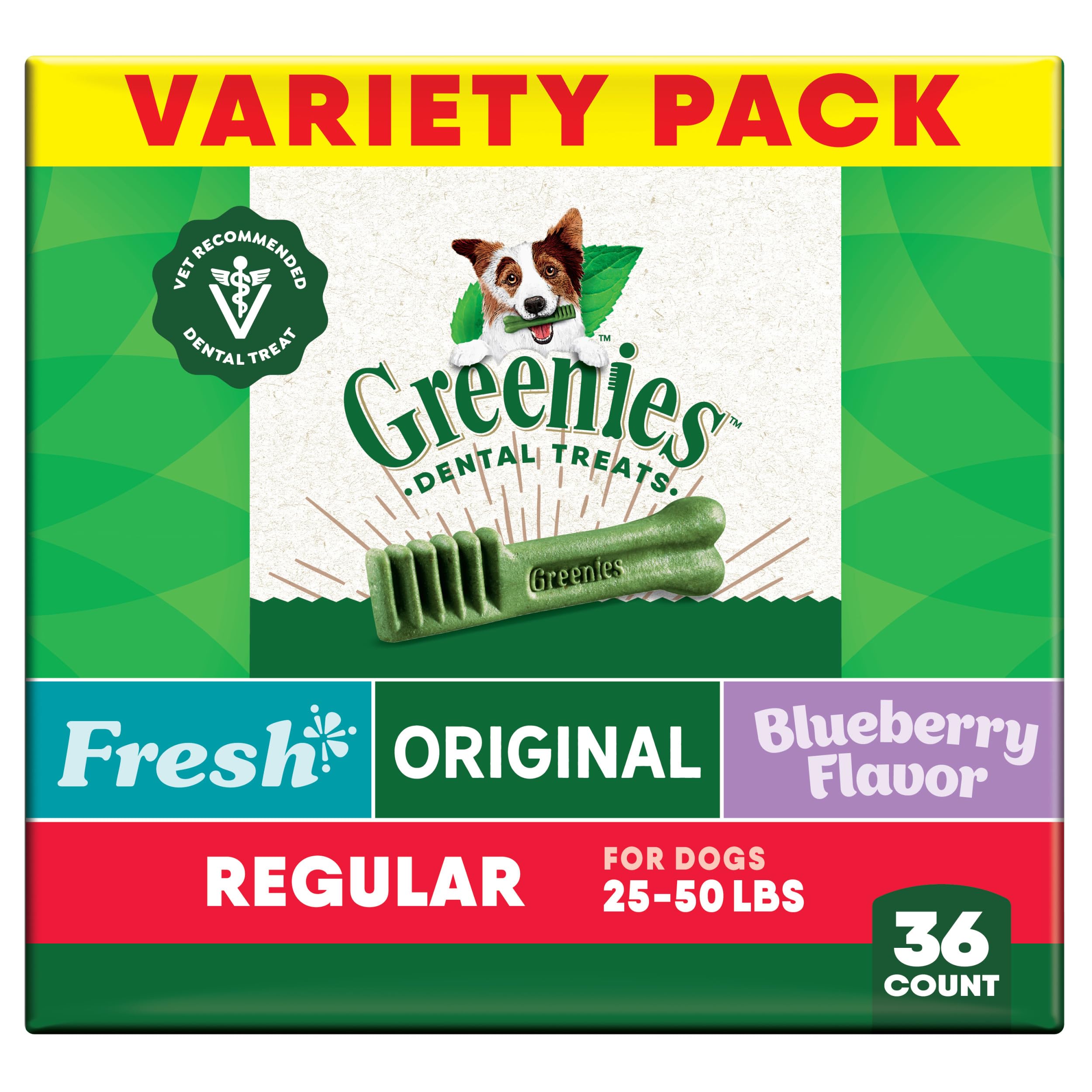 Greenies Regular Dental Dog Treats, 3-Flavor Variety Pack, (3) 12 oz. Pouches, 36 Total Treats