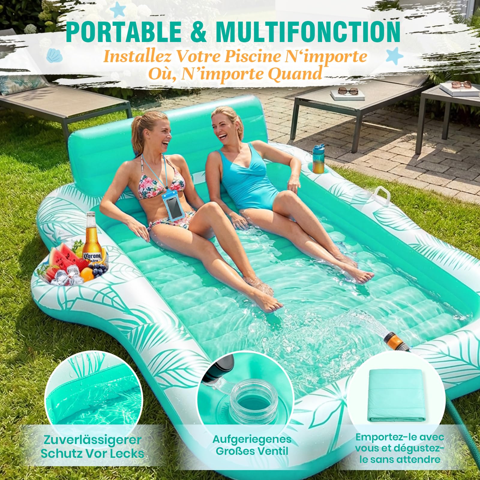 Charmofun Double Piscine de Bronzage Gonflable, 230 * 180 cm Matelas Gonflable Bronzage Tanning Pool avec Bac à Glaçons & Pochette Étanche, Matelas Eau Bronzage pour Adultes Jardin Plage Piscine
