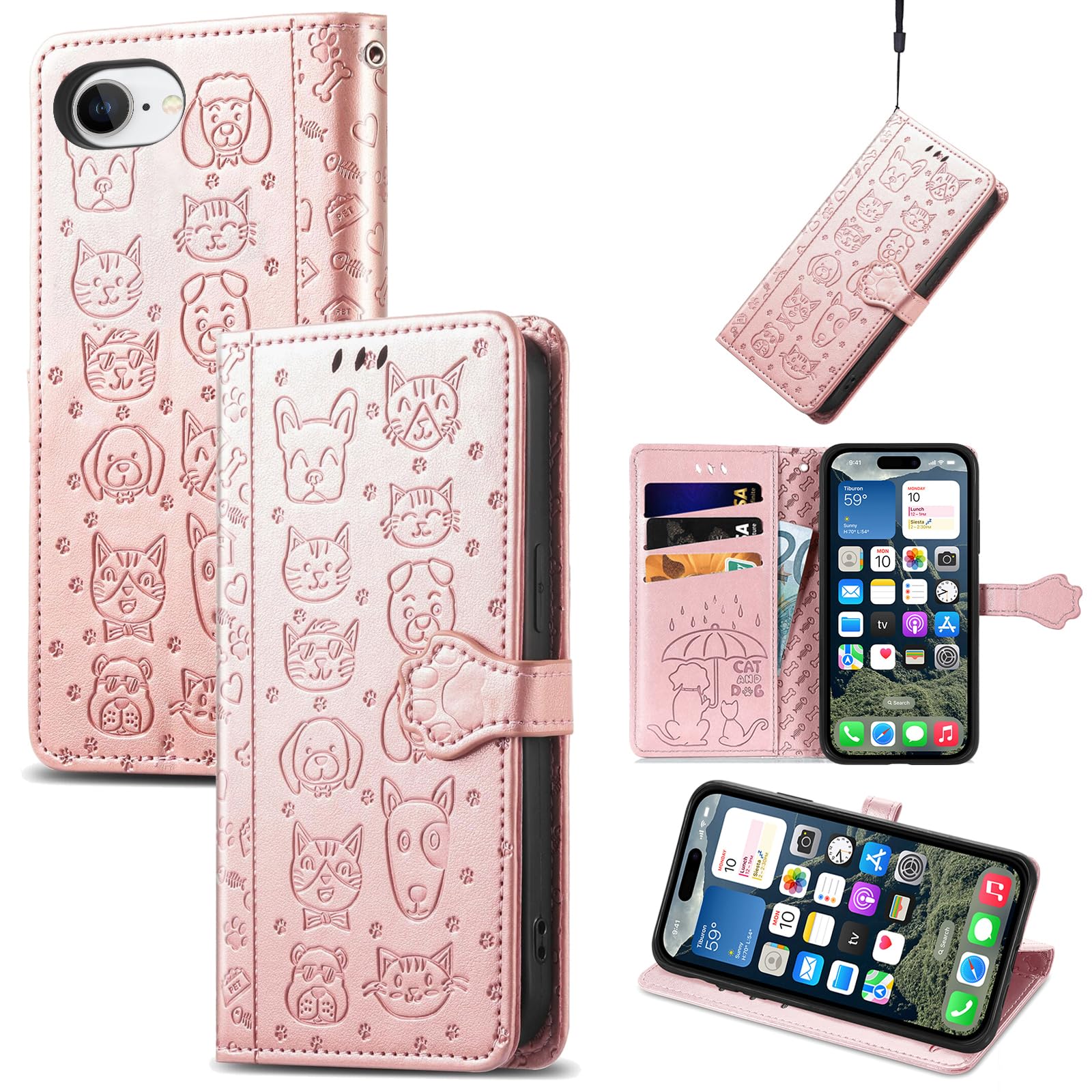 Etui na iPhone'a 17e, skórzany portfel premium z wytłoczonym wzorem uroczego kota psa [przegródki na karty] [podpórka] [wewnętrzna powłoka TPU] etui z klapką, różowe złoto