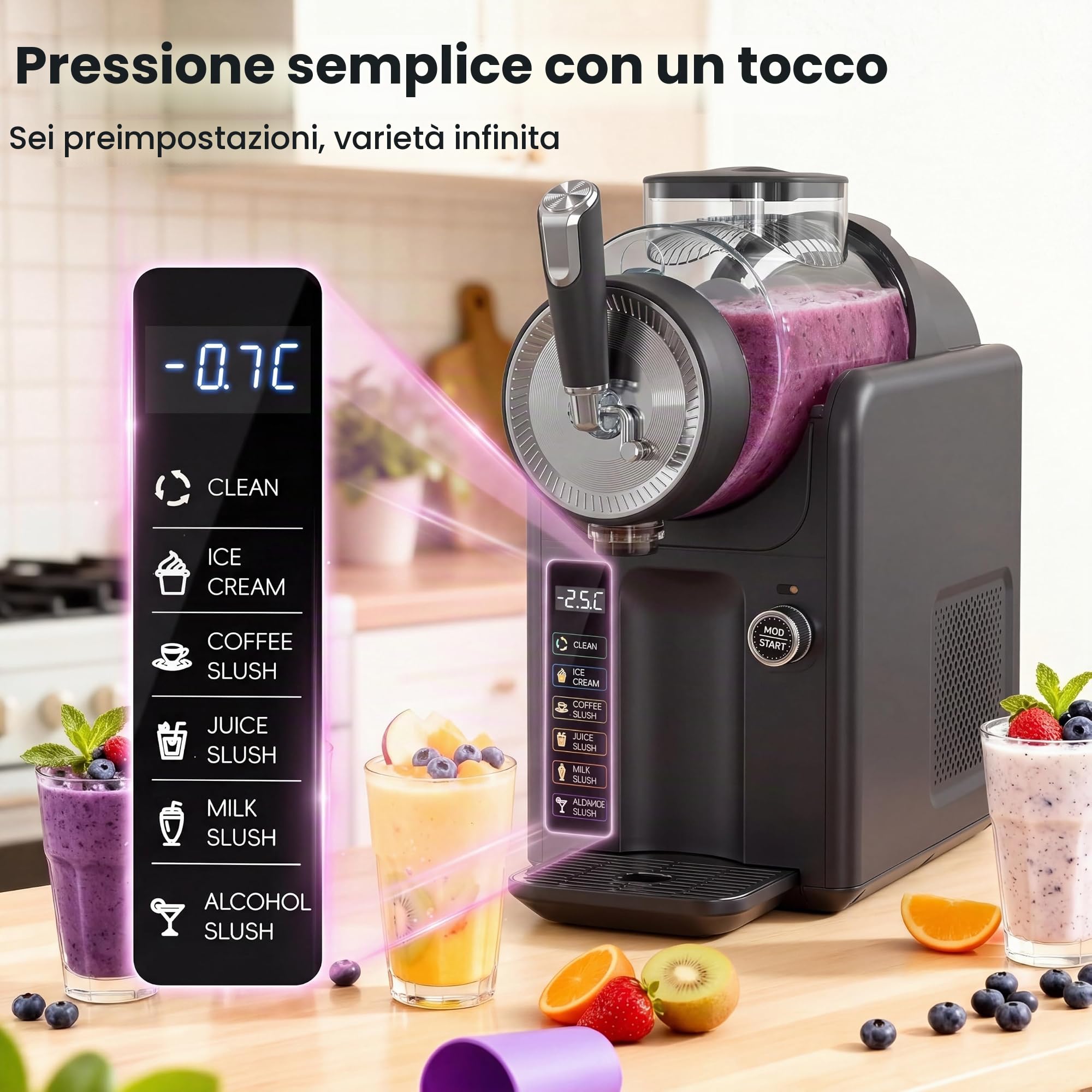 Macchina per Granite, gelatiera multifunzione 5 in 1, 2 litri, display a LED, non necessita di ghiaccio, mini frullatore da 2 litri per preparare gelati, frullati, frappè e cocktail