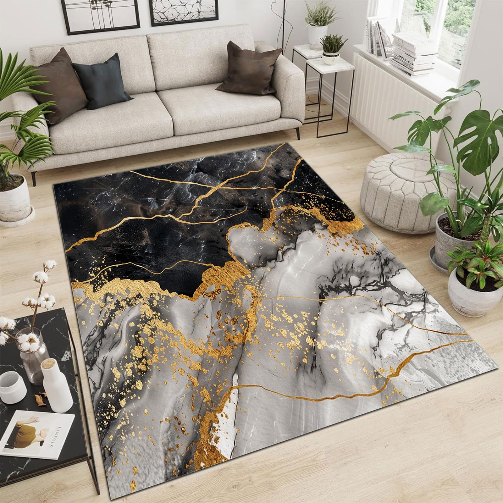 Tapis Salon Marbre Noir Blanc Lavable Pile Courte et Douce, Rectangulaire Tapis Chambre Intérieur Extérieur Dessous antidérapant 160x230 cm