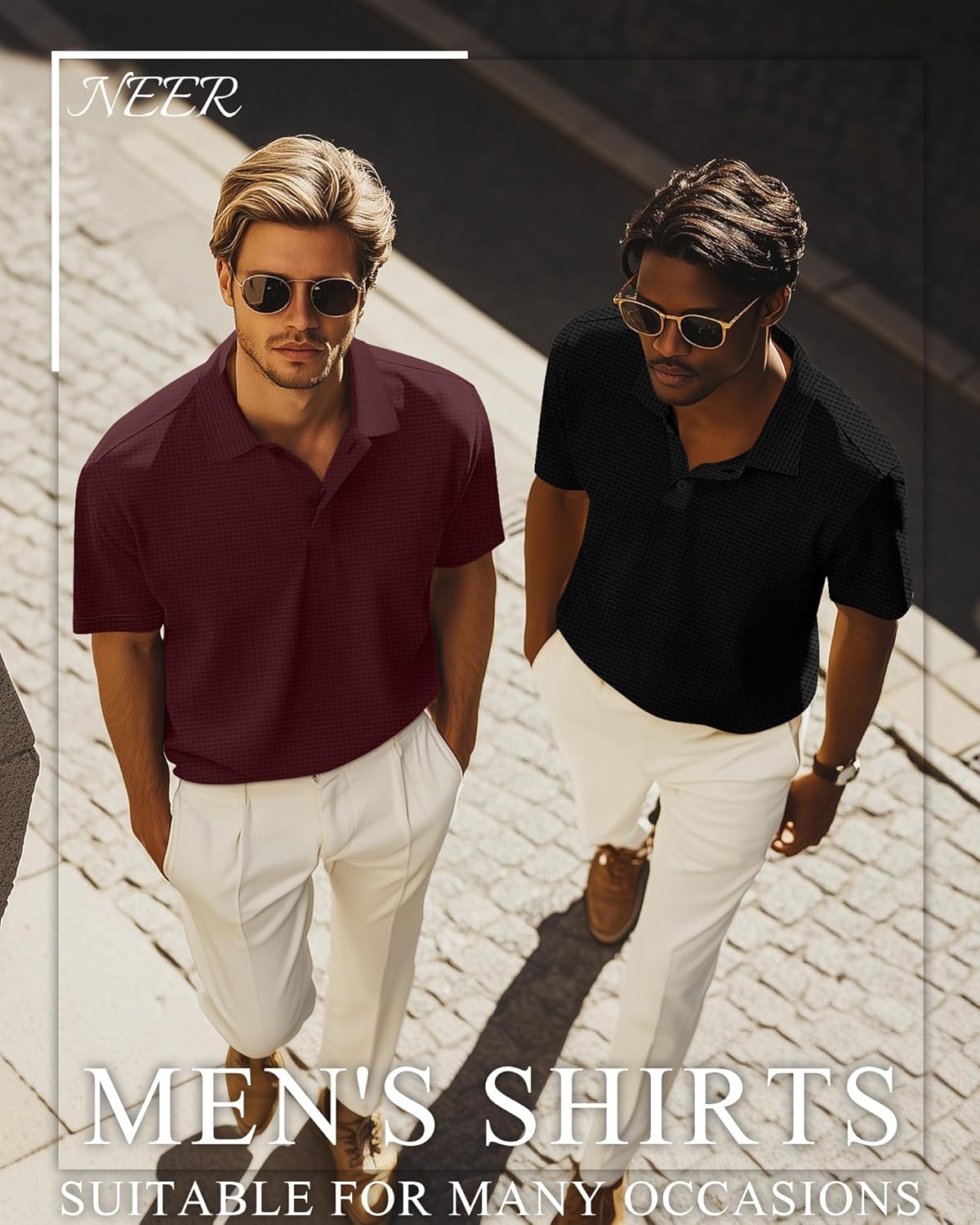 Neer 3 Pack Men's Waffle Henley Button Collared T-Shirts, Short Sleeve Lapel V Neck Side Split Classic Summer Basic Tees - Image 3