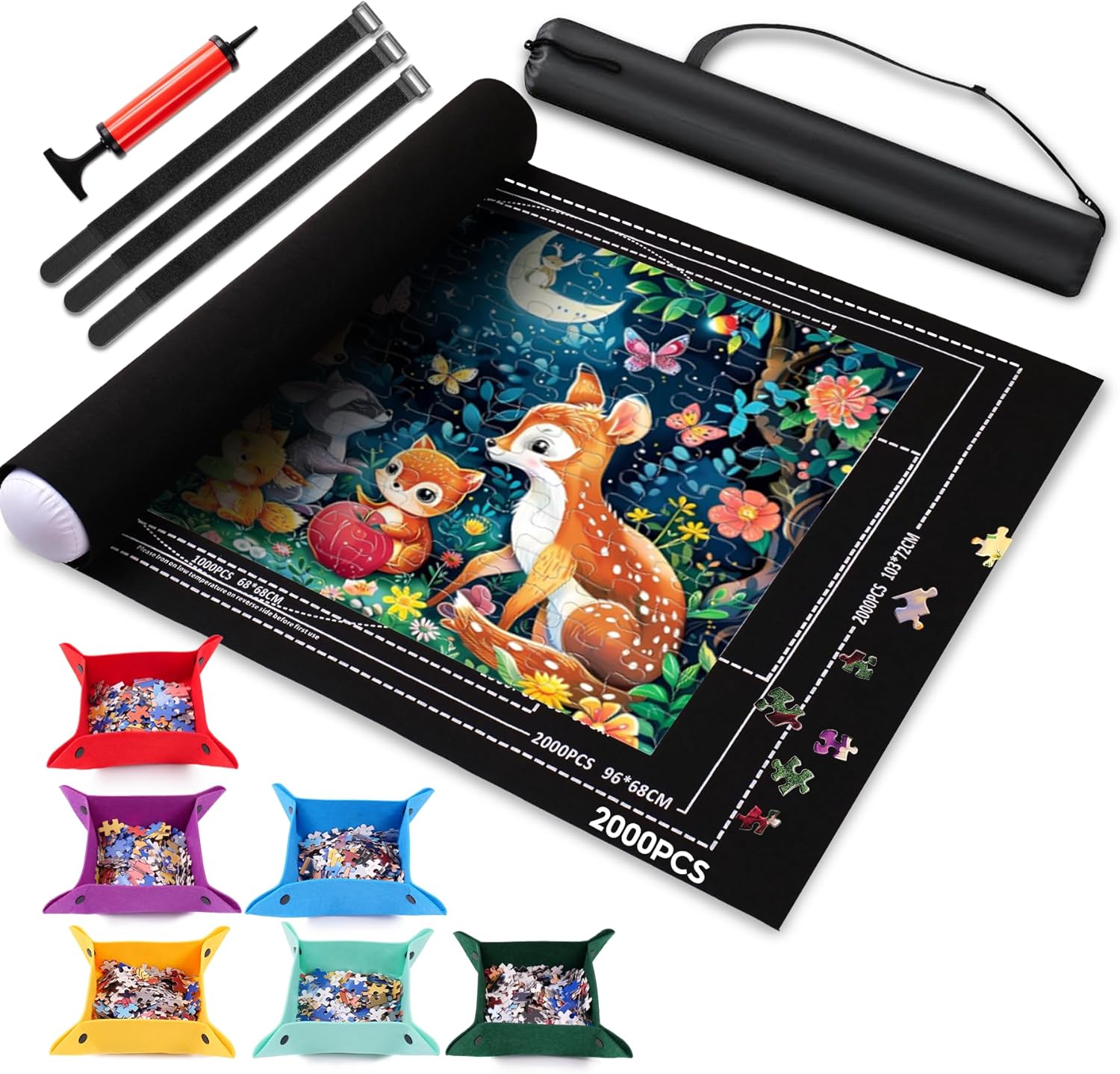 Puzzle Mat Roll Up 2000 1500 1000 Pieces Portable Puzzle Board/Table Saver Mats, Smooth Top & Non-Slip Felt Bottom with 6 Sorting Trays, Storage Bag, Inflatable Roller