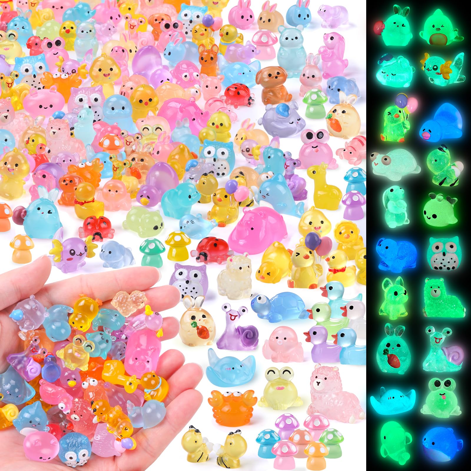 XIMISHOP 206PCS Mini Luminous Resin Animals,Little Tiny Resin Animals Miniature Mini Little Small Plastic Animals Figures Glow in the Dark for Micro Landscape Fairy Garden Aquarium Dollhouse Decor