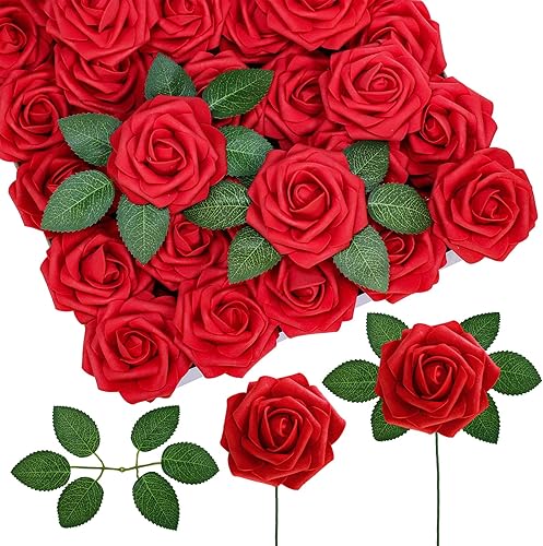 Winlyn 50 rosas rojas de tacto real con tallos y hojas de seda, flores artificiales a granel para bodas, centros de mesa, arreglos florales,