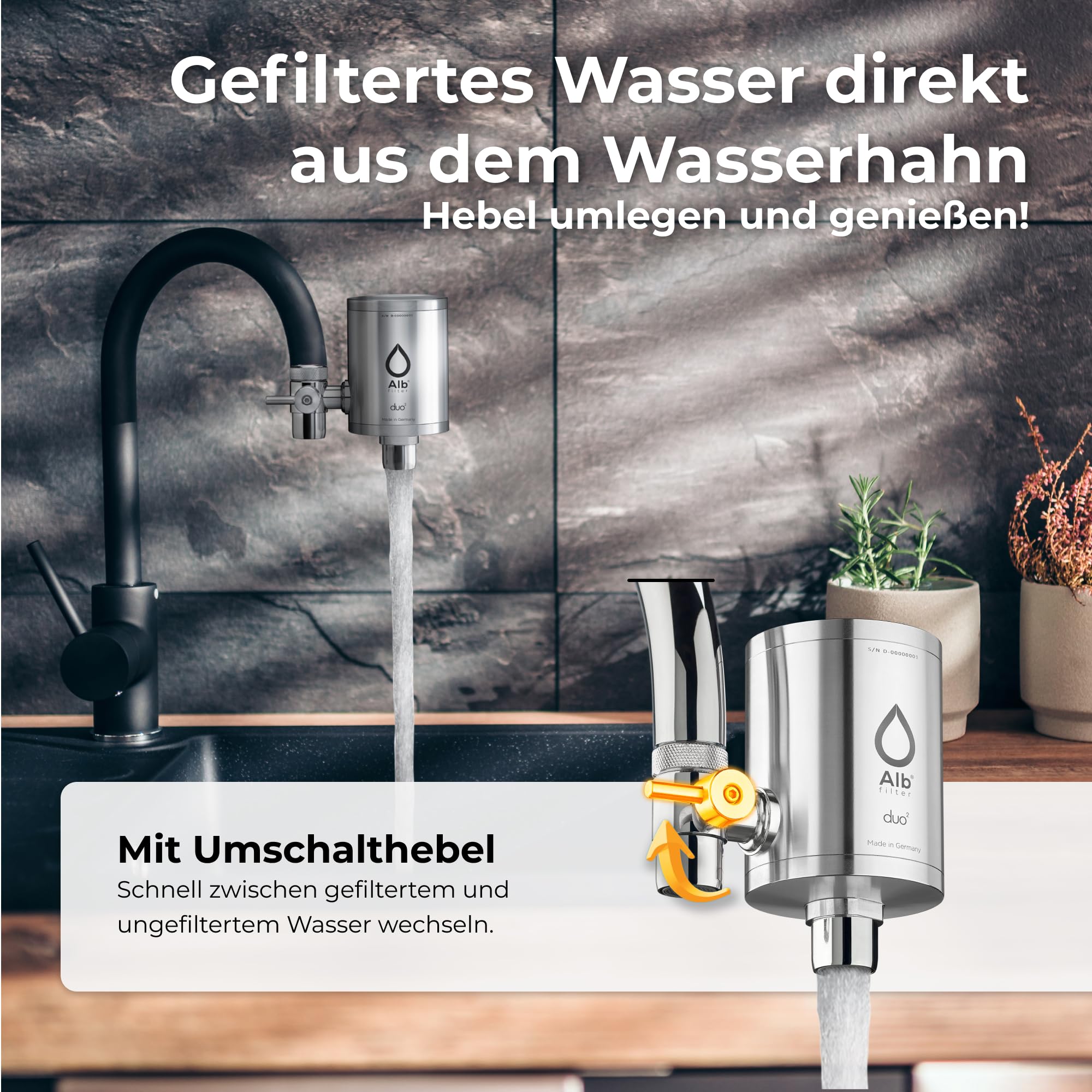 Alb Filter Duo Active Plus+ Trinkwasserfilter Edelstahl Natur – Wasserfilter Wasserhahn für sauberes Trinkwasser – Filtration von Schadstoffen, Bakterien & Kalk – Wasserfiltersystem Made in Germany