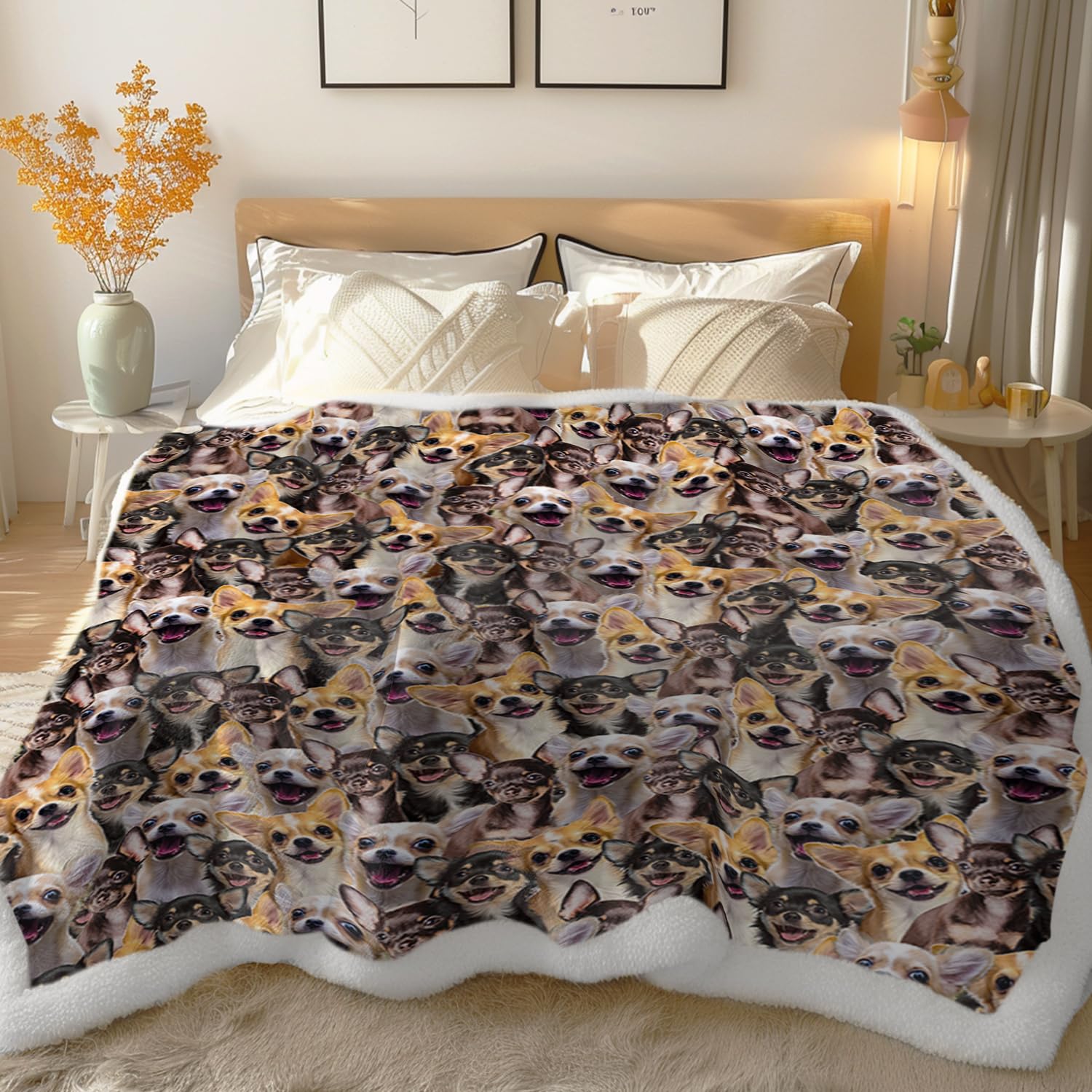 Blessliving Chihuahueño Fuzzy Dogs Blanket For Kids Adults Cute Puppy Fleece Blanket Reversible Animal Pattern Sherpa Throw Travel/Single (,130X150cm)