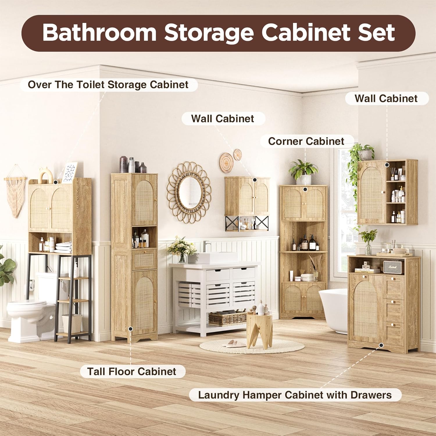 Real Rattan Narrow Tall Bathroom Storage Cabinet with Doors & Drawers, Narrow Kitchen Storage Pantry Cabinet, Slim Free Standing Bathroom Floor Organizer Storage Cabinets with Adjustable Shelves