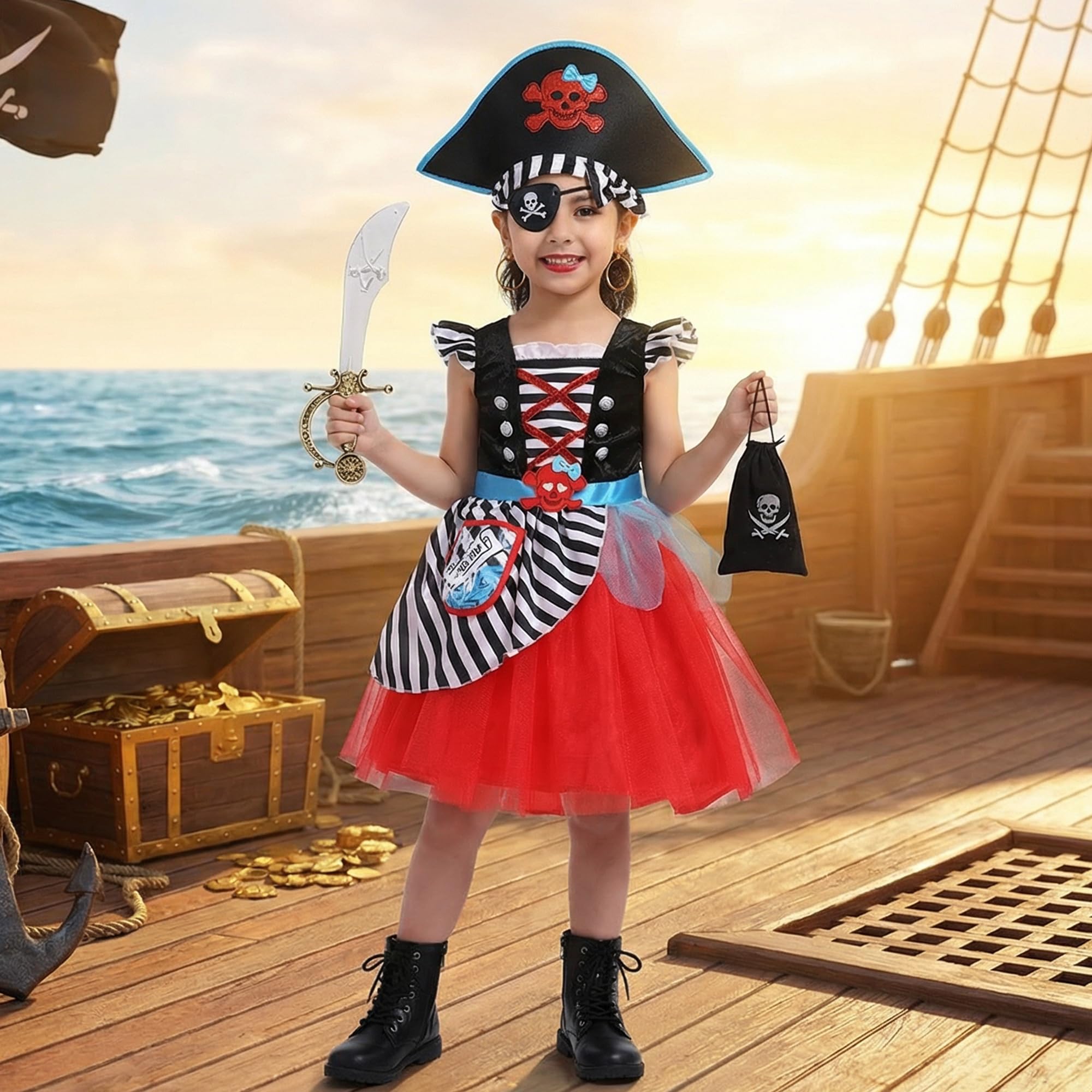 Sincere Party Piratenkostüm für Mädchen,Seeräuber-Prinzessin,Deluxe-Kleid und Piratenhut für Kinder