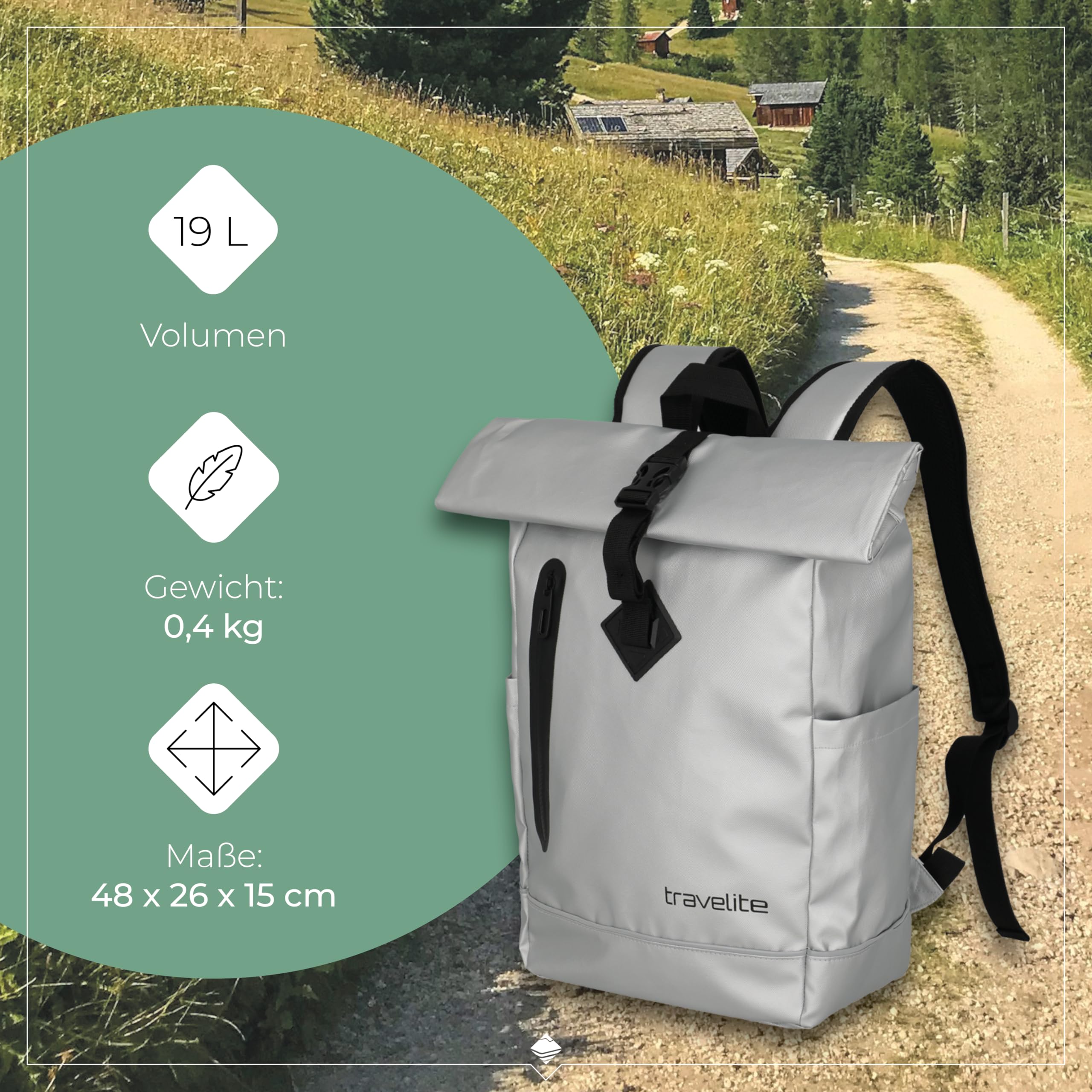Travelite Rolltop Rucksack wasserfest, Fahrradrucksack, Freizeitrucksack mit Rolltop Verschluss & Reflektoren, BASICS, 48 cm, 19 Liter